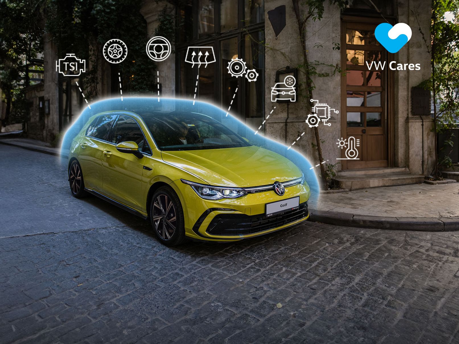 A lifestyle shot of a yellow Volkswagen Golf parked on the side of the road in an urban outdoor setting.