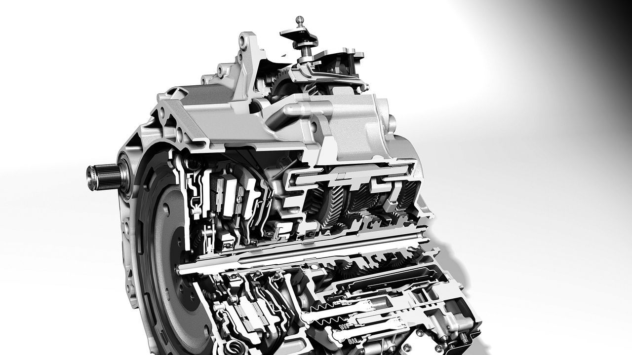 An etched out cross-section image of a Volkswagen's DSG dual-clutch gearbox.