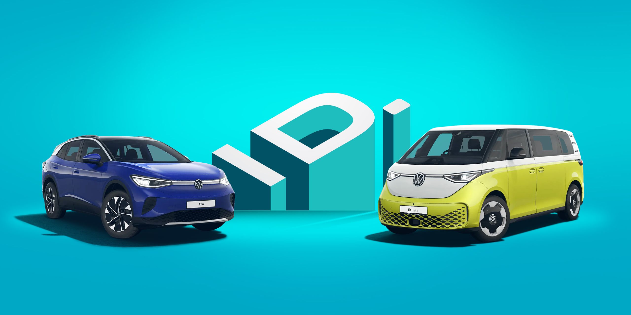 A blue ID.4 and a candy white yellow ID. Buzz showcased against a fun 3D background