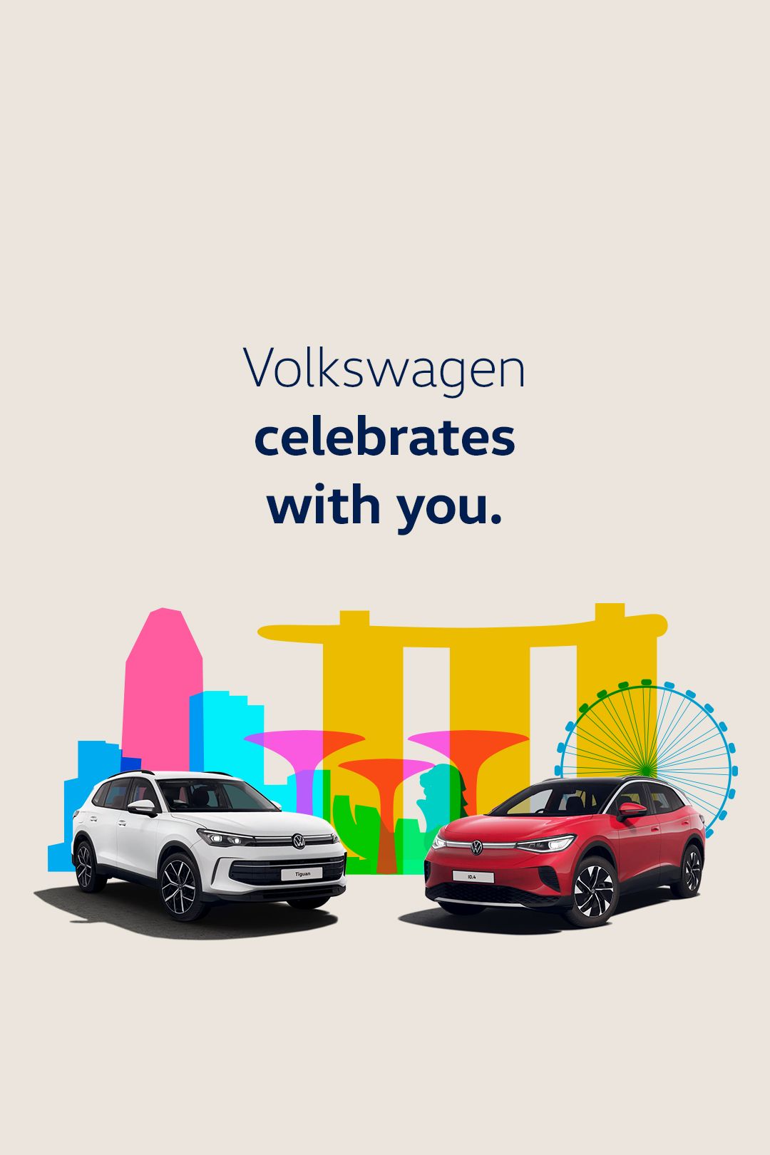 A white Tiguan and red ID.4 showcased against the colourful silhouette of the city 