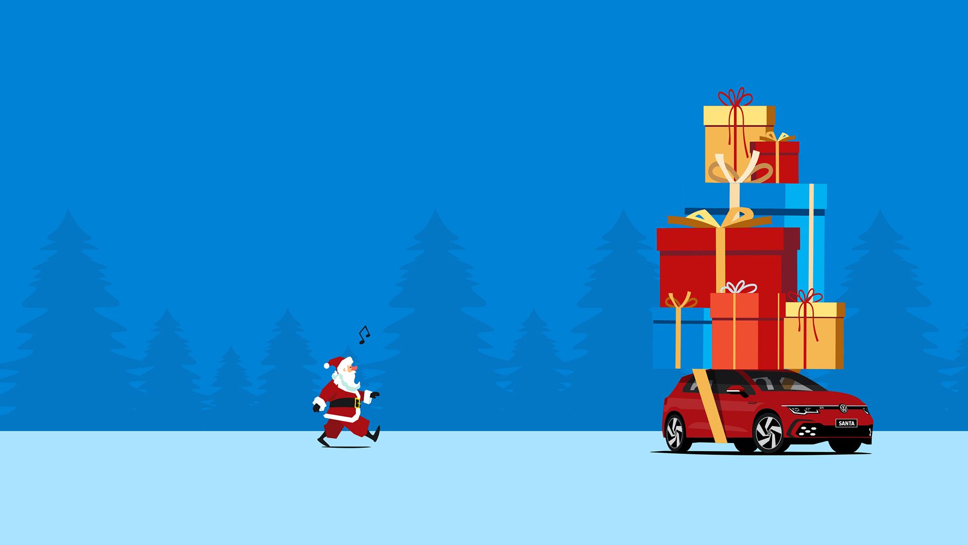 Santa walking towards a Volkswagen loaded up with presents