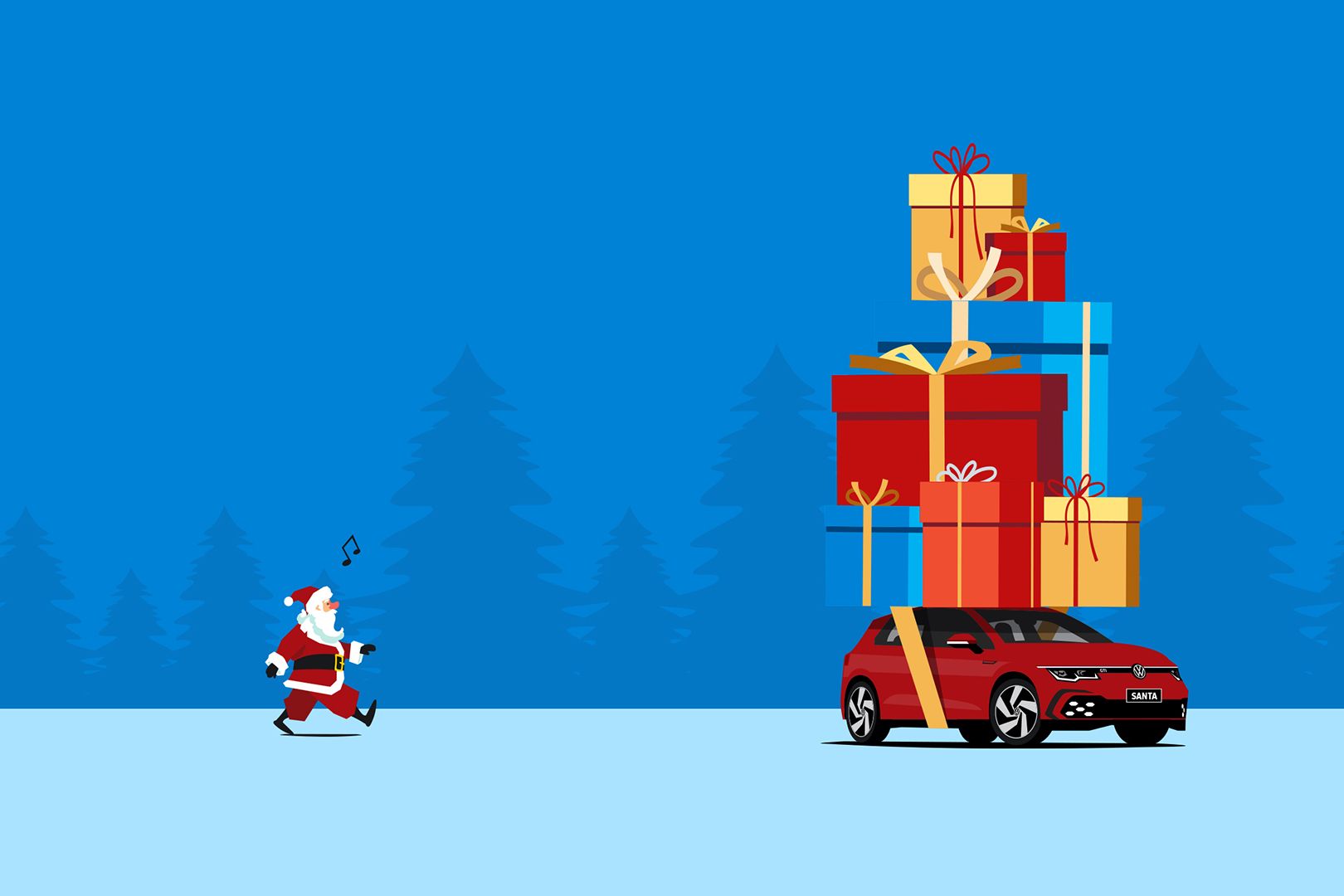 Volkswagen Christmas Bazaar Santa walking towards a Volkswagen loaded up with presents