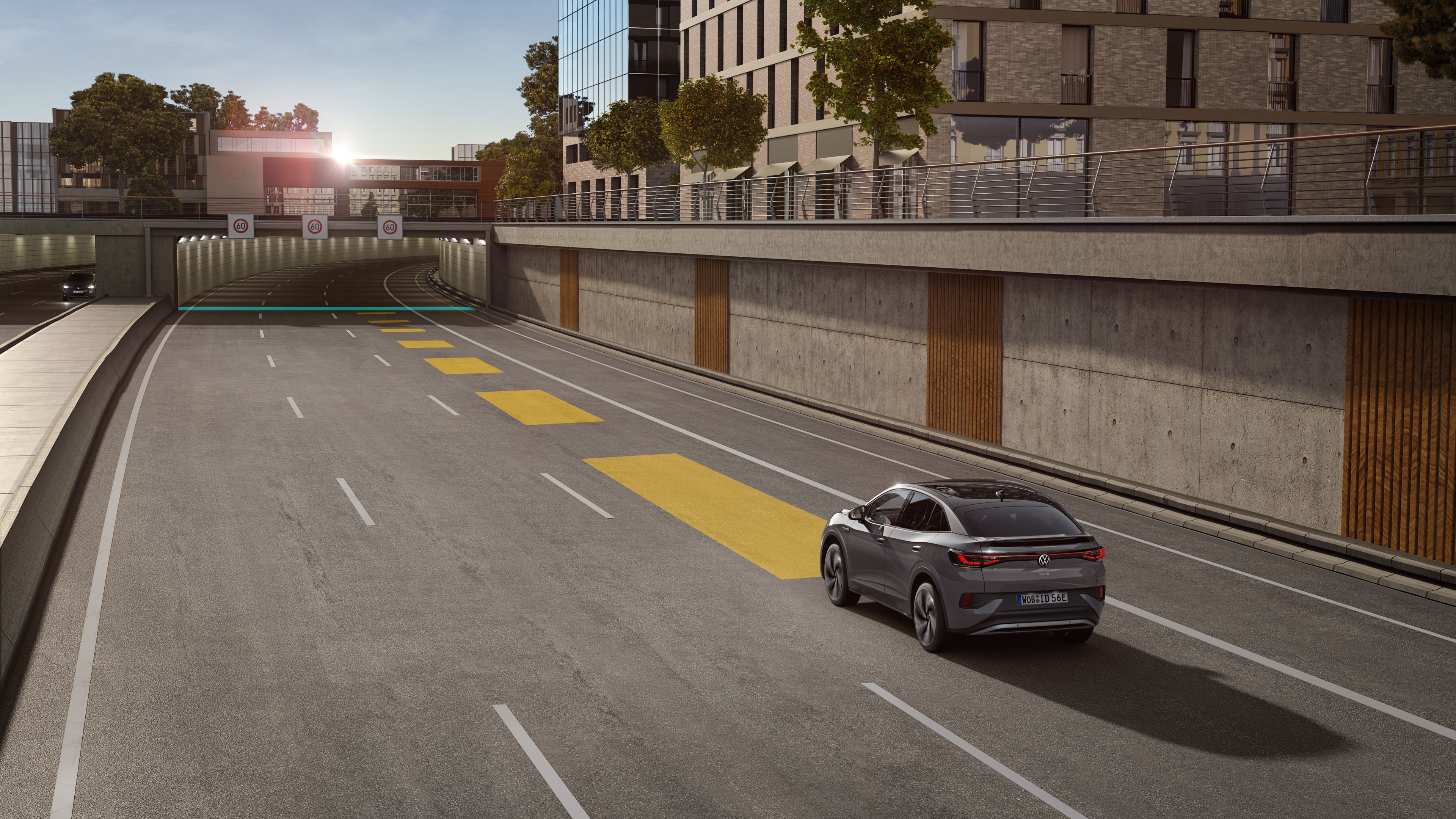 The ID.5 GTX manoeuvres through the road with the help of Adaptive Cruise Control, a system that regulates distances to the vehicle ahead 