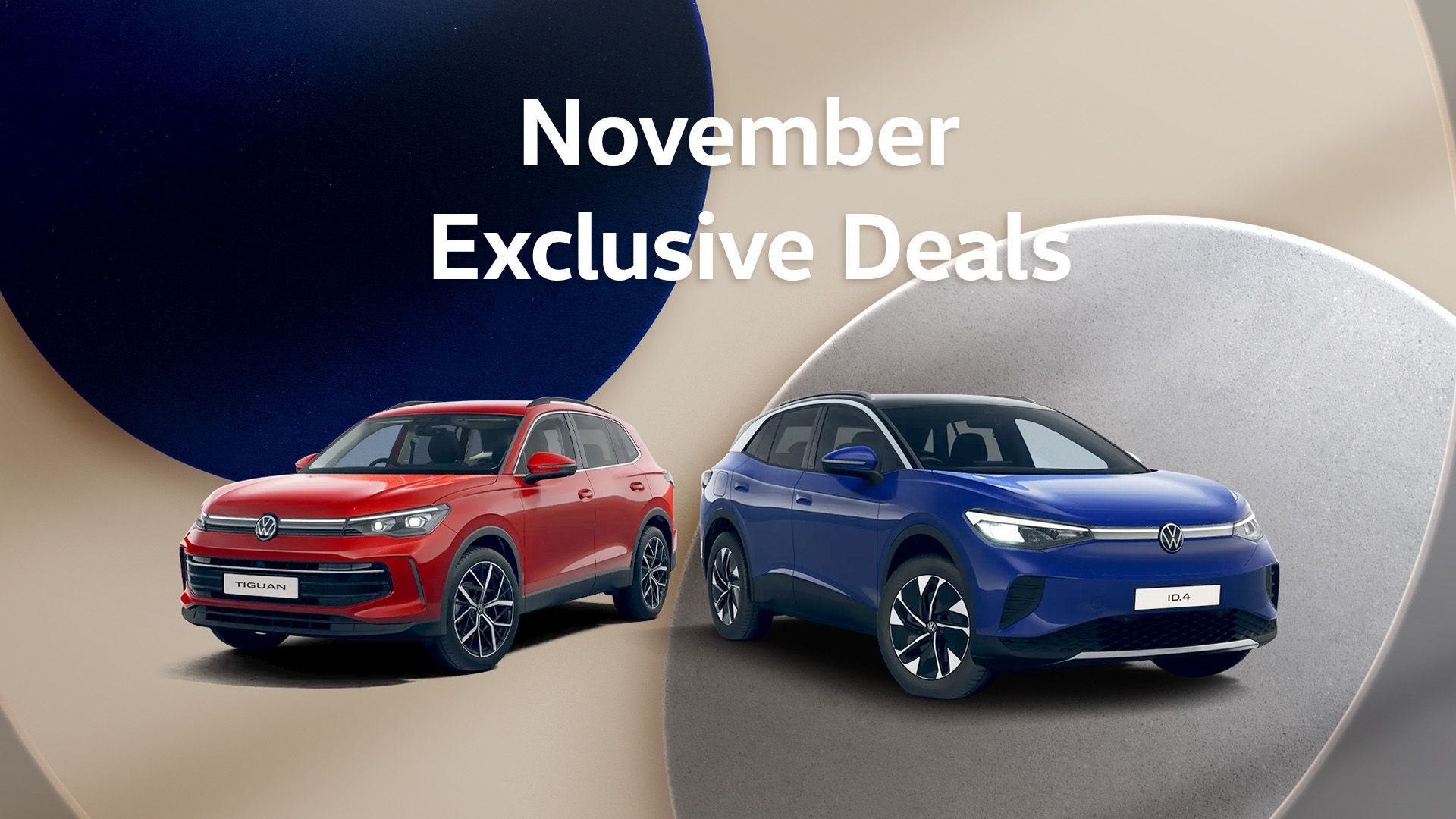 A red Tiguan and blue ID.4 against a unique looking background