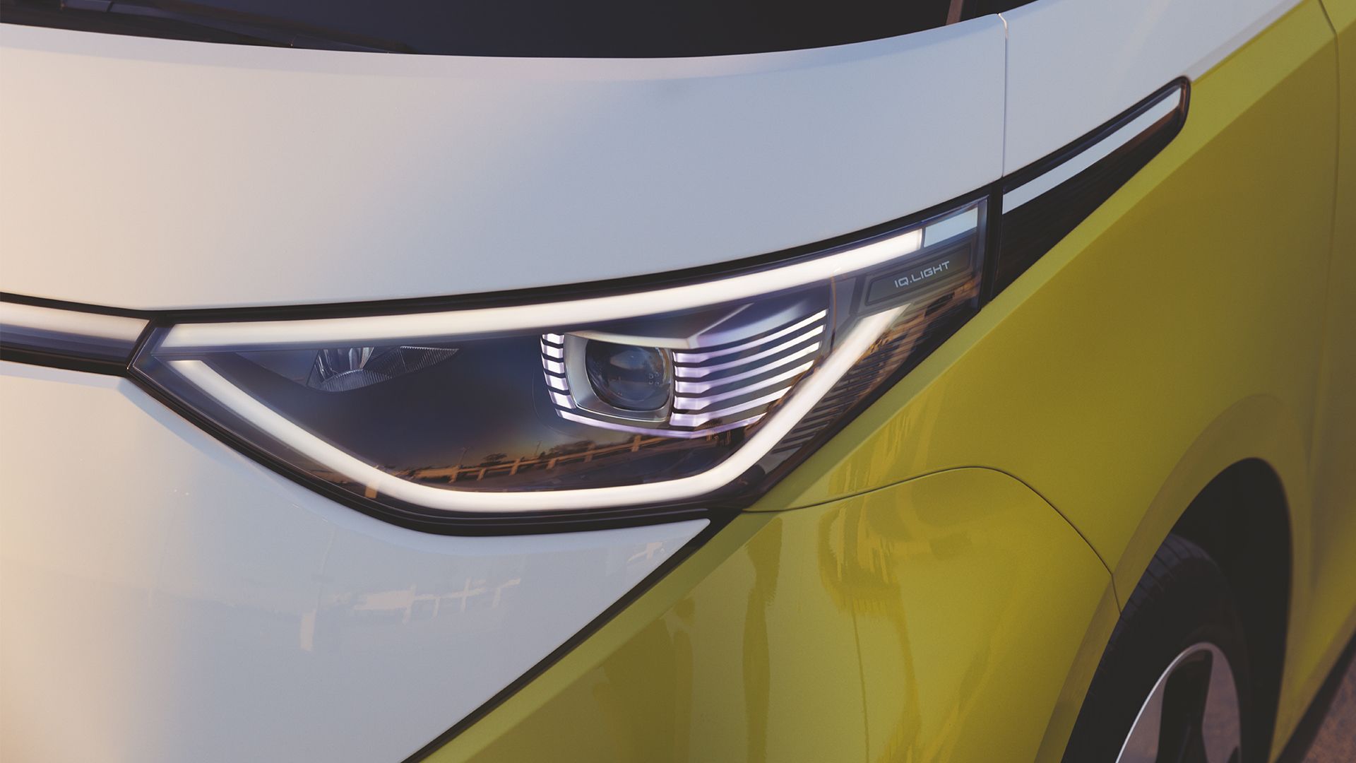 A close up of the headlights of the ID. Buzz