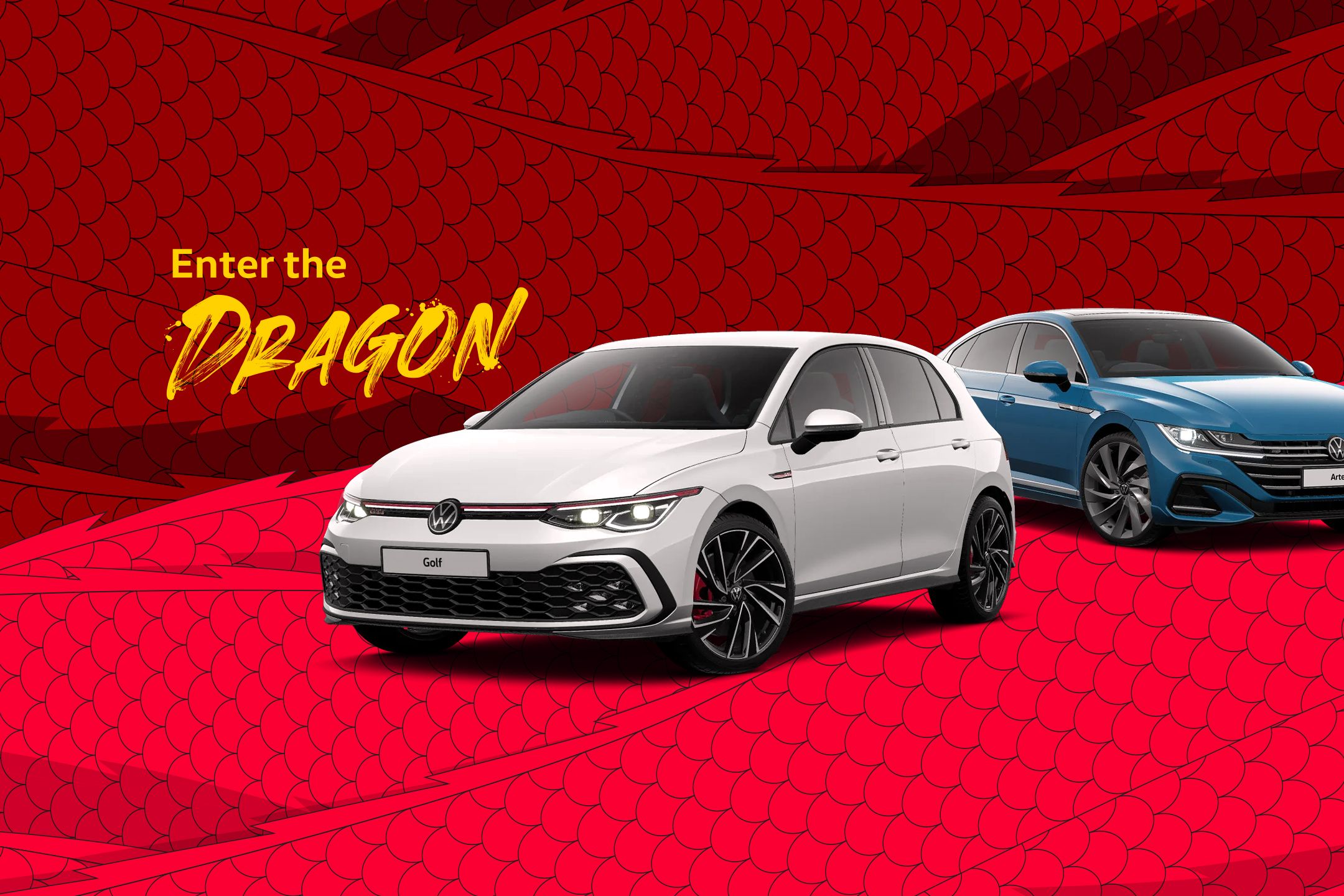 Volkswagen Chinese New Year Sale 'Enter the Dragon' with two Volkswagen vehicles in front of a red backdrop with dragon scale decals