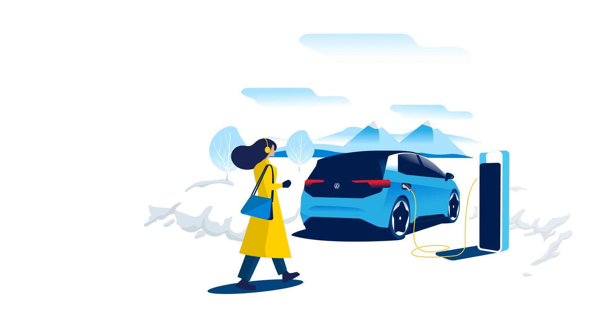 A women walks toward a charging ID.3 standing in a snowy mountain 