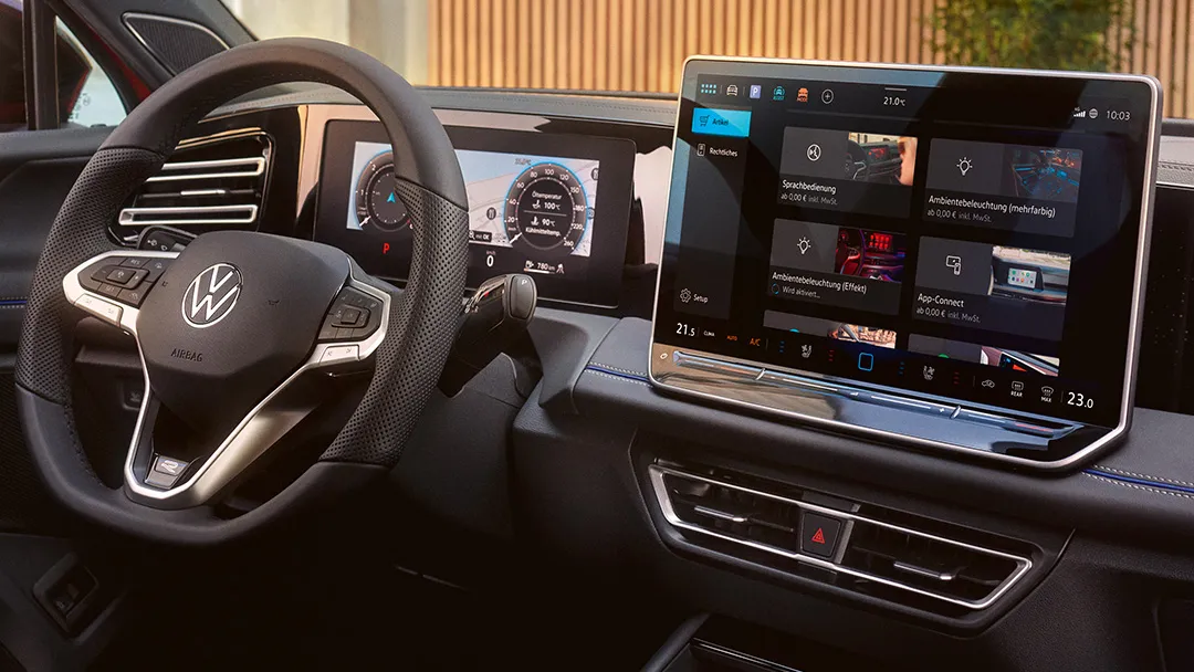 The close look up of the infotainment system and steering wheel of the all-new Tiguan