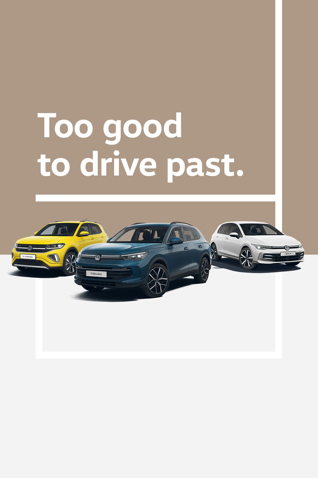 The new Golf, T-Cross, and Tiguan models showcased against a muted background
