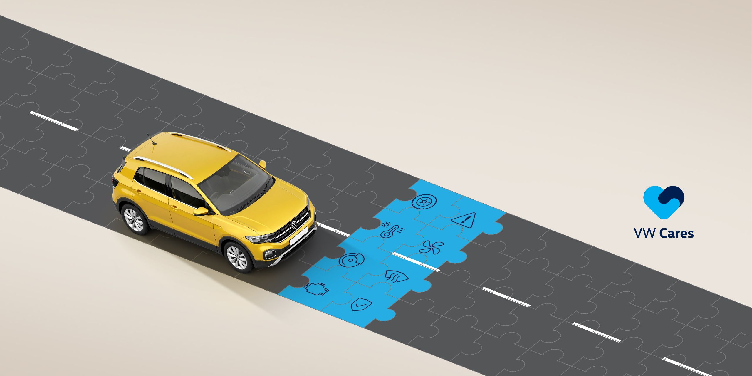 A yellow T-Cross on a jigsaw puzzle road  