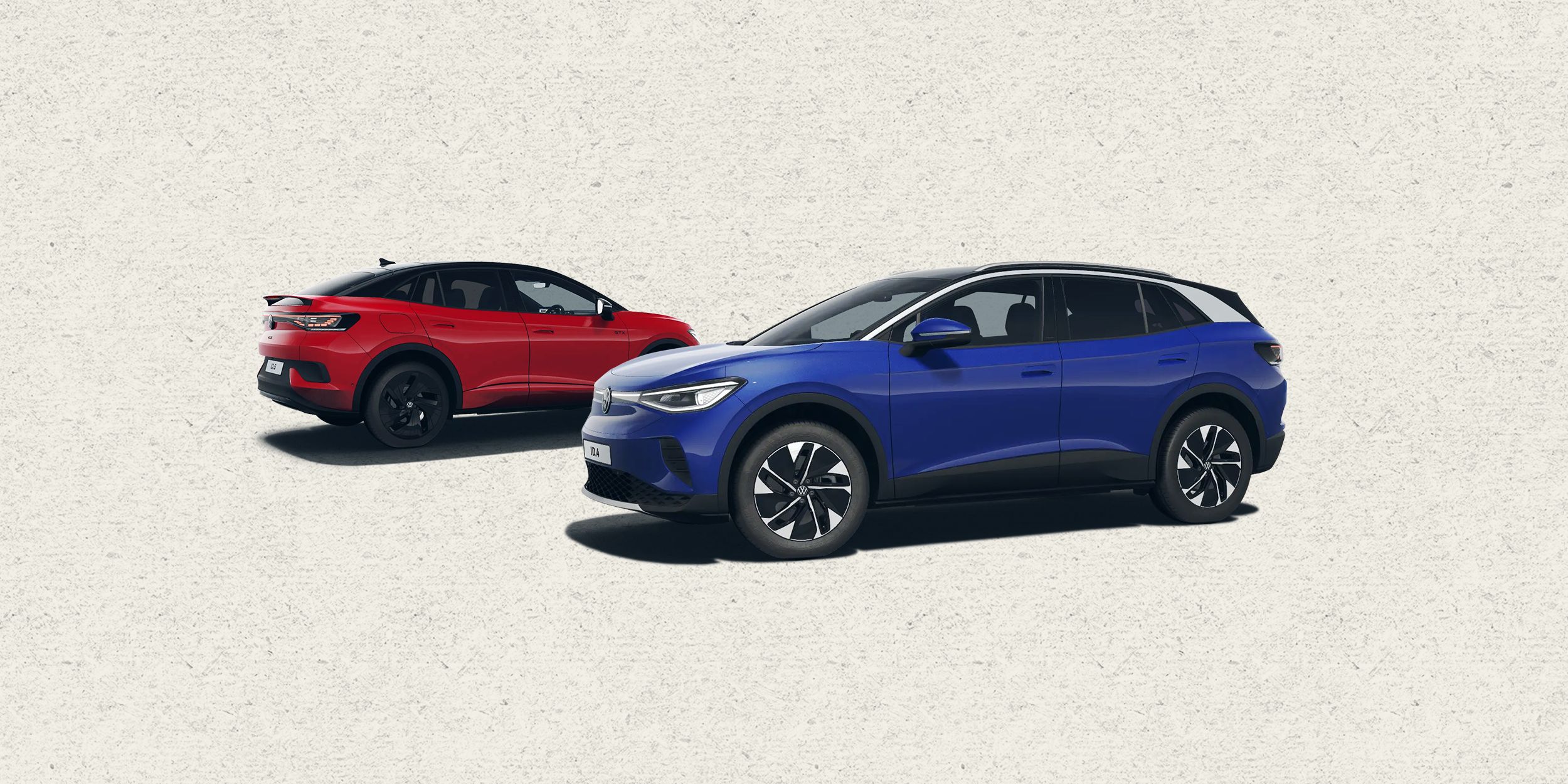 A blue ID.4 and red ID.5 GTX against a textured background