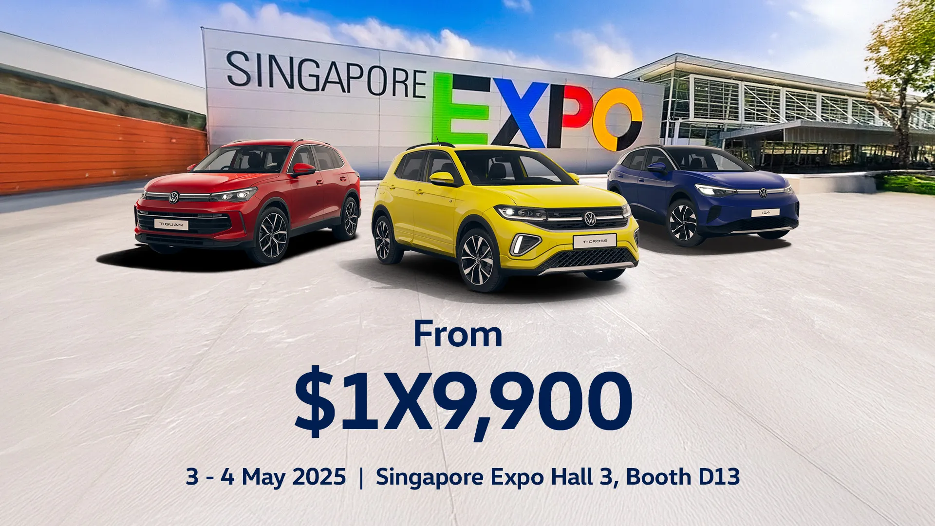 A range of Volkswagen cars showcased in front of the Singapore Expo facade
