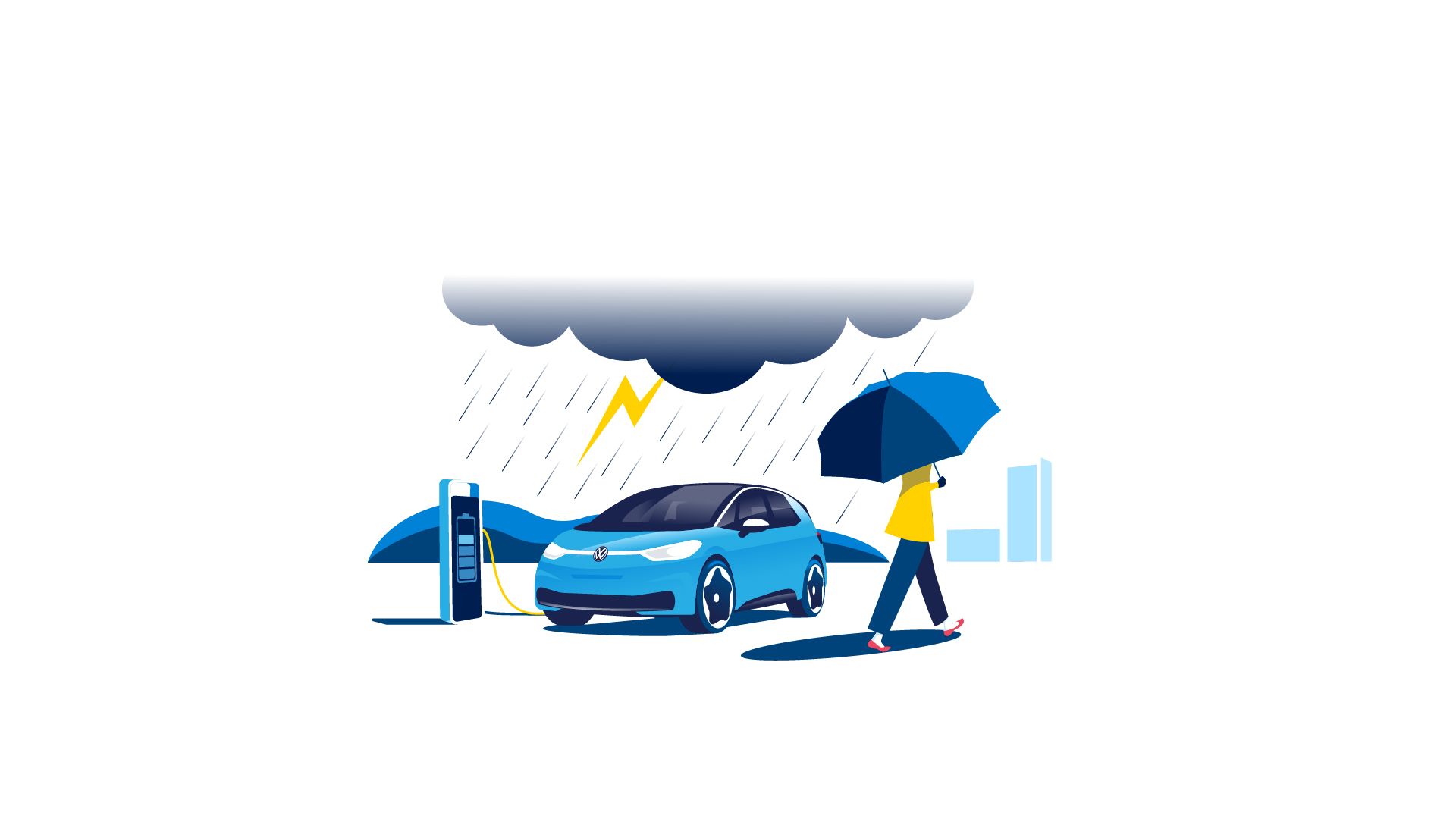 An illustration of a charging Volkswagen electric vehicle parked under a heavily raining condition while a women passes by the vehicle with an umbrella.