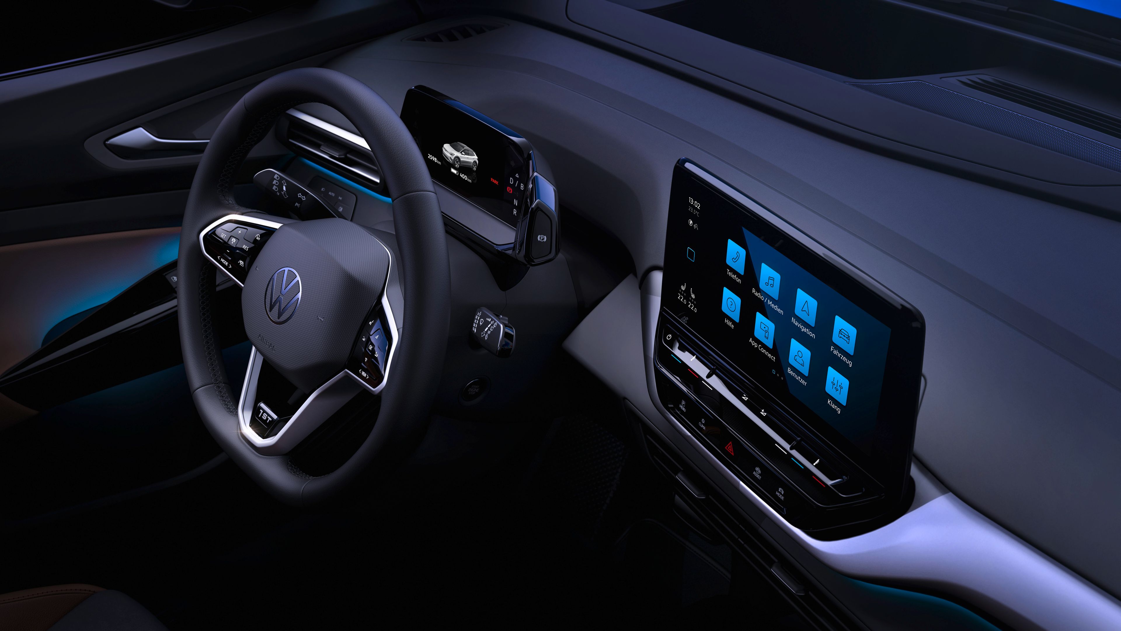 Featuring the steering wheel and innovative touch screen display in the Volkswagen ID.4.