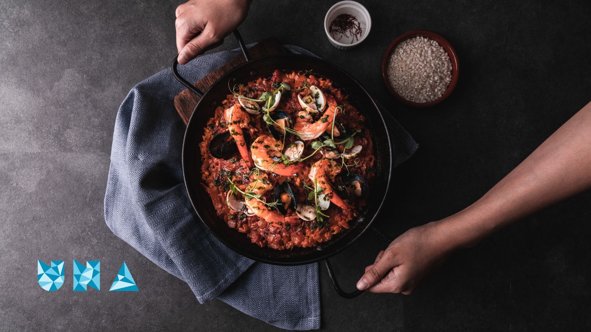 A top view of a delicious looking seafood dish